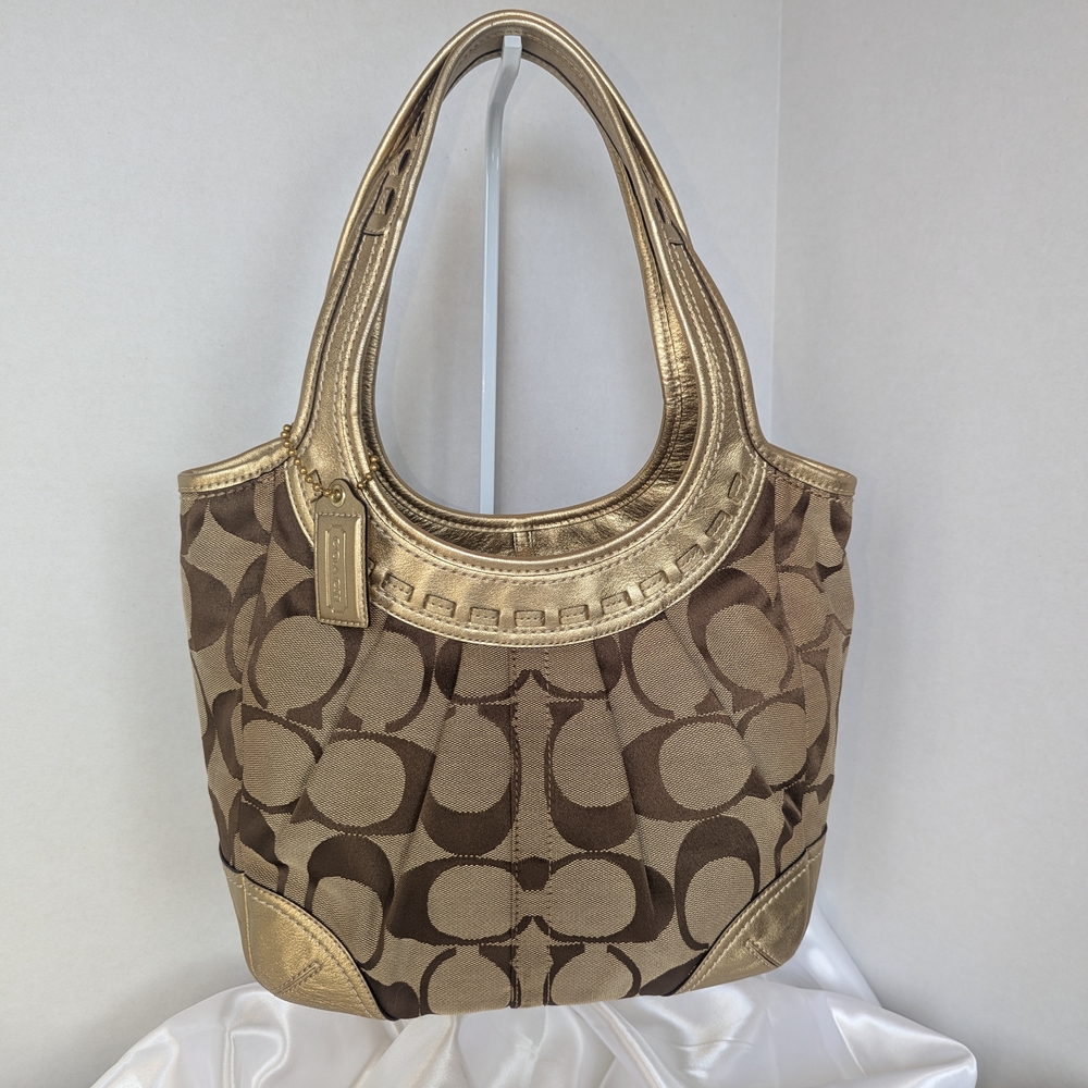 Coach Y2K Ergo Pleated Tan and Gold Tattersall Signature C Shoulder Bag